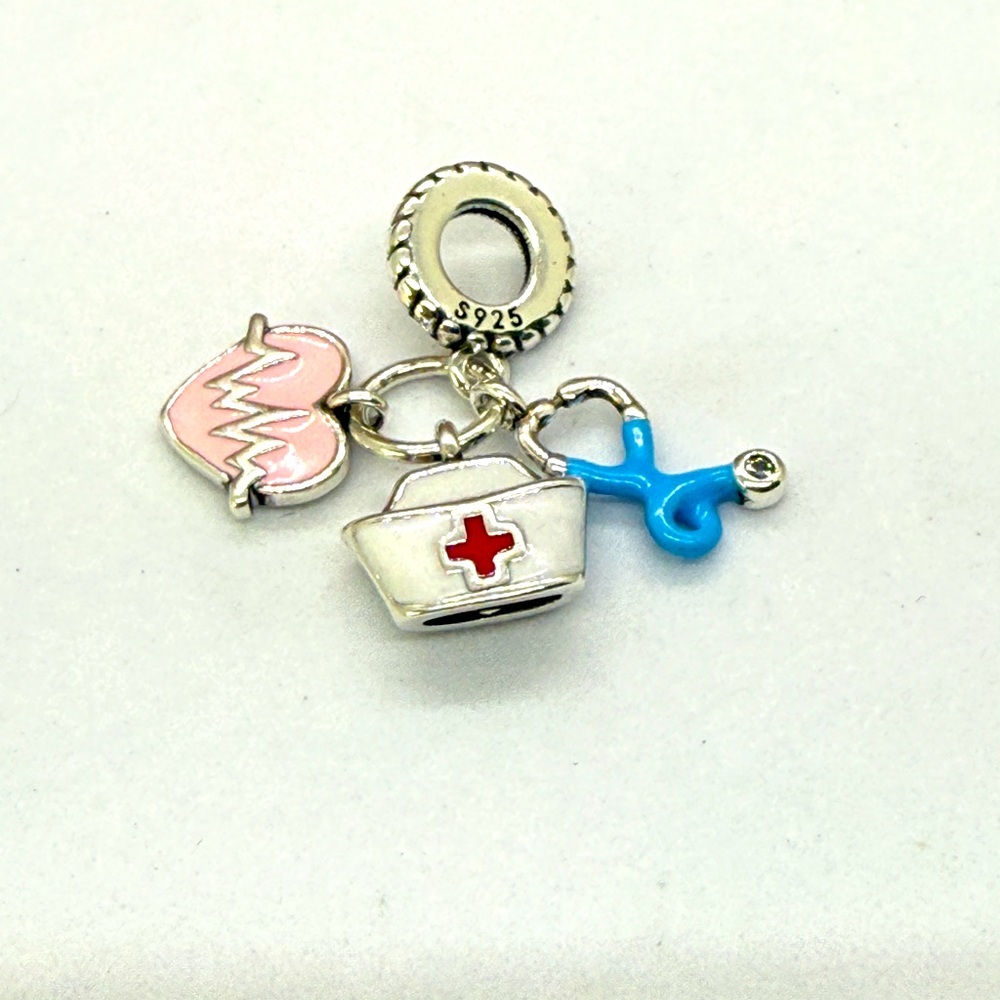 Sterling Silver Nurse Charm – Heart, Cap & Stethoscope Dangle Bead